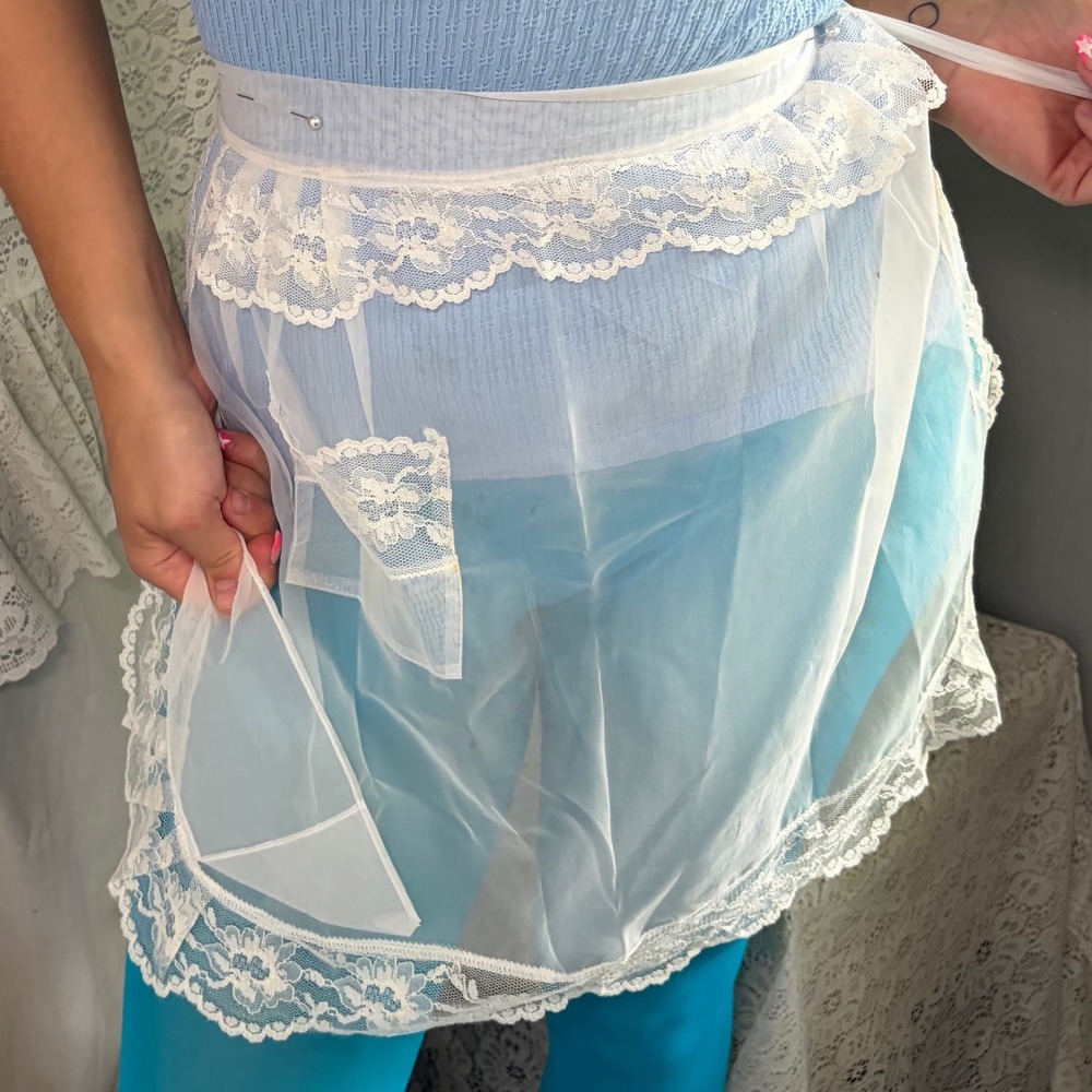 Vintage Sheer White Lace Trim Half Apron Hostess Pocket‎ Cottagecore Retro